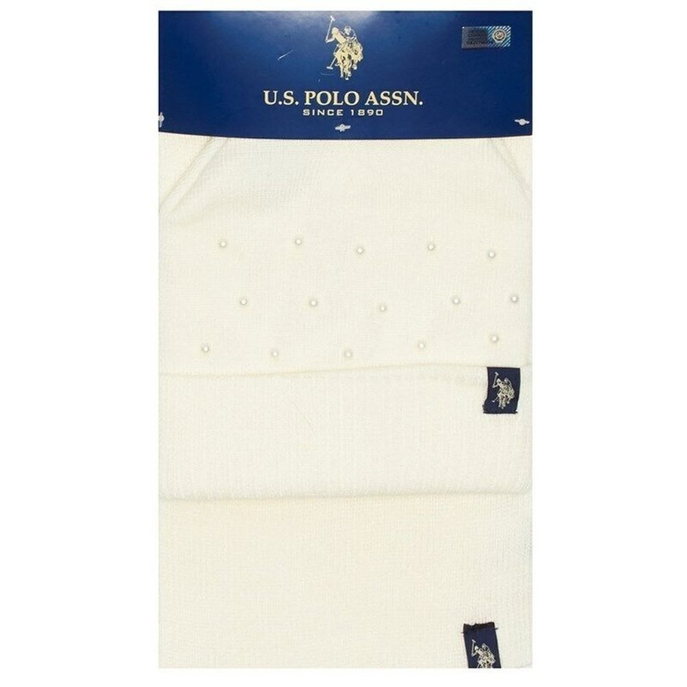 U.S. Polo Assn. Women's Simulated Pearls Knit Hat & Scarf Set Ivory One Size New